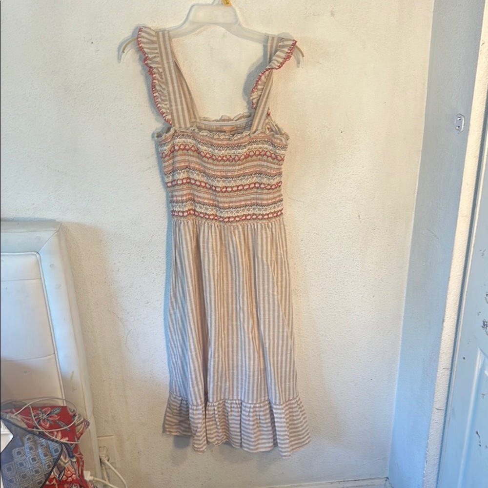 Free People Tan and White Flutter Sleeve Midi Dress